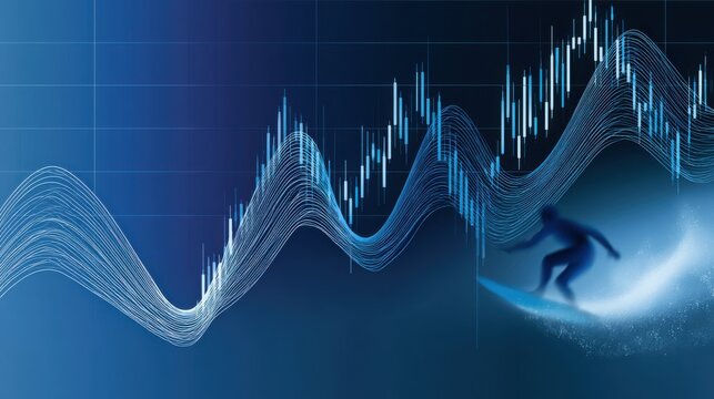 Surfing the stock market wave, a lone figure rides a surfboard through fluctuating financial charts and graphs. The blue and white imagery creates a dynamic.