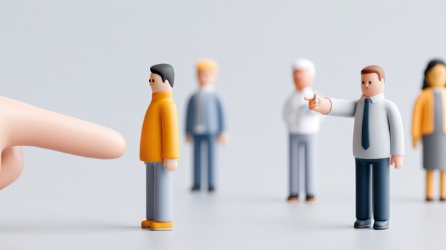 A group of stylized figures in a business setting, with one figure being pointed at and another figure seeming to dismiss them. The scene evokes themes of selection, rejection.