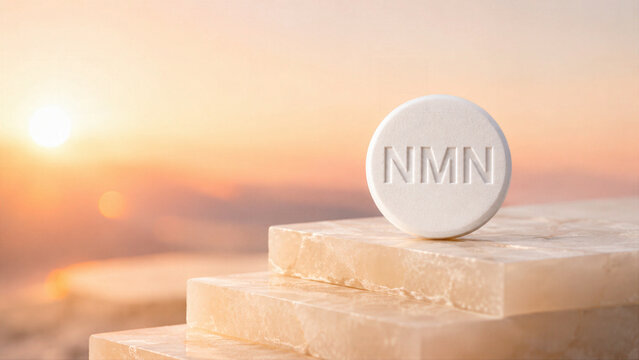 A round white tablet marked with NMN is placed on a stack of smooth stones. The sun is setting, creating a warm glow in the background. The scene looks calm and natural