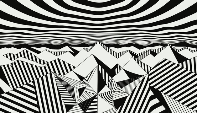 Abstract geometric landscape with black and white optical patterns