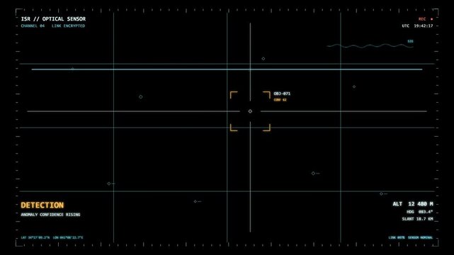 HUD interface demonstrating search, detection, acquisition, and tracking sequence. Military targeting display with animated crosshairs and status indicators. Essential for defense and technology.
