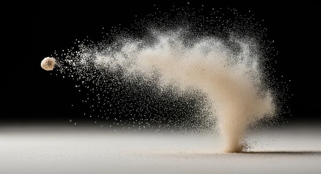 Side view of beige powder particles exploding from a small sphere, dispersing into a dense cloud trail against a solid black background on a light gray surface.