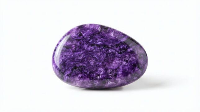 Polished natural purple charoite gemstone pebble with fibrous swirling pattern for crystal healing, geology collection, and jewelry design
