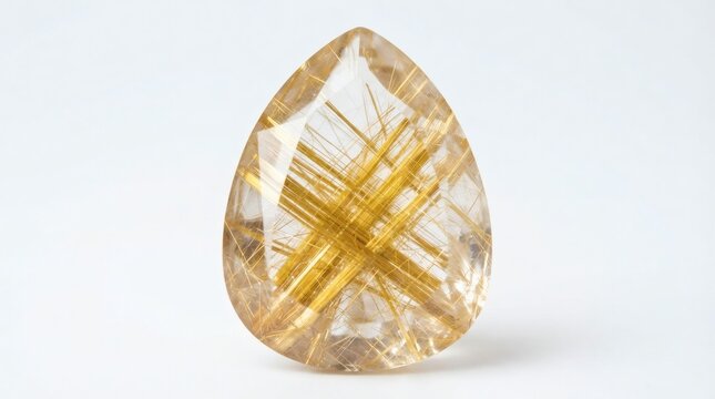 Golden Rutilated Quartz Pear Cut Gemstone with Linear Rutile Pattern Inclusions Isolated on White Background Macro Jewelry Specimen Still Life