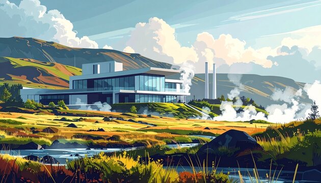 Modern Geothermal Power Plant in Scenic Mountain Landscape.