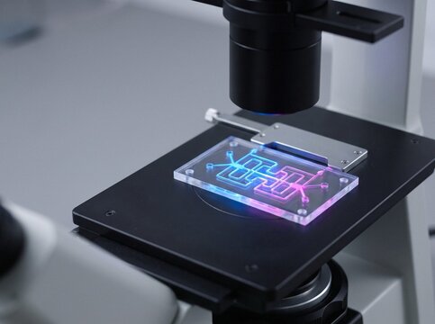 Microfluidic chip with fluorescent blue and pink channels under laboratory microscope
