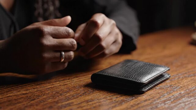 Black leather wallet on wooden table with hands fidgeting nervously showing silver ring and natural skin texture in low light mood and anxious focus