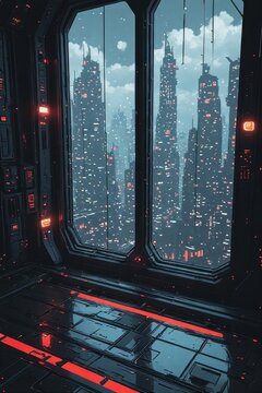 Window to city concept futuristic with rain in glass cyberpunk digital illustration, alone room