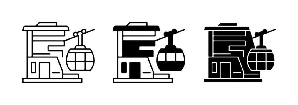 Cable car station icon set, mountain gondola lift terminal vector illustrations, ski resort transport symbols in outline and silhouette styles