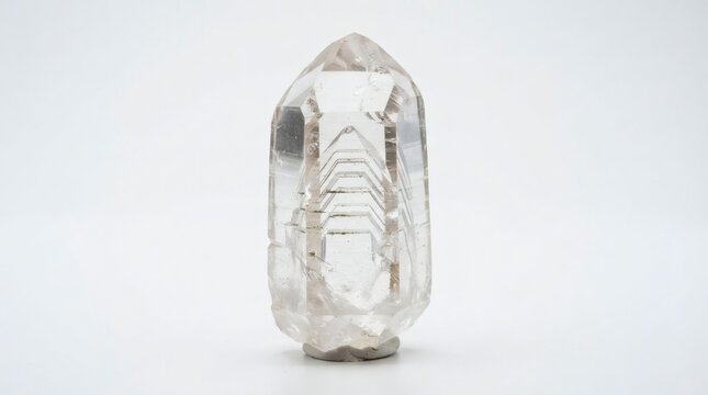 Natural Clear Quartz Crystal Specimen with Geometric Phantoms Isolated on White Background