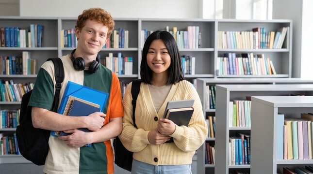 Two diverse university students holding textbooks while standing together in a bright library hall filled with bookshelves prepared for their academic study session and educational development journey