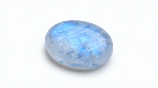 Natural oval moonstone gemstone with iridescent blue sheen and adularescence isolated on a clean white background for jewelry design