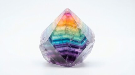 Obraz premium Vibrant and multifaceted rainbow crystal gemstone with colorful bands, sparkling and radiating a spectrum of hues, a unique natural mineral formation, beautifully illuminated on a white background
