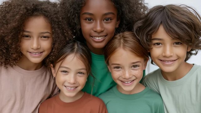 Group portrait of smiling diverse children close together for school poster friendship and inclusive community background