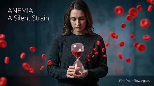 Woman holding hourglass, a conceptual depiction of iron deficiency anemia, a debilitating blood disorder affecting health, fatigue, and red blood cells