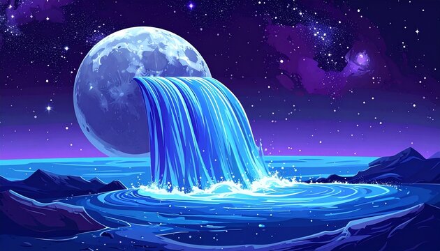 Mystical Moonlit Waterfall in Cosmic Night Landscape.