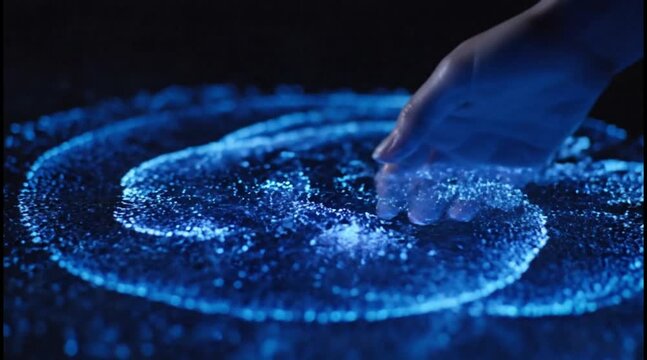 A hand touching glowing bioluminescent plankton in the dark ocean water at night.