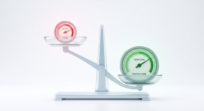 Scale with red/green gauges: balancing debt vs savings&mdash;DTI, liquidity ratio, solvency and business or personal creditworthiness.
