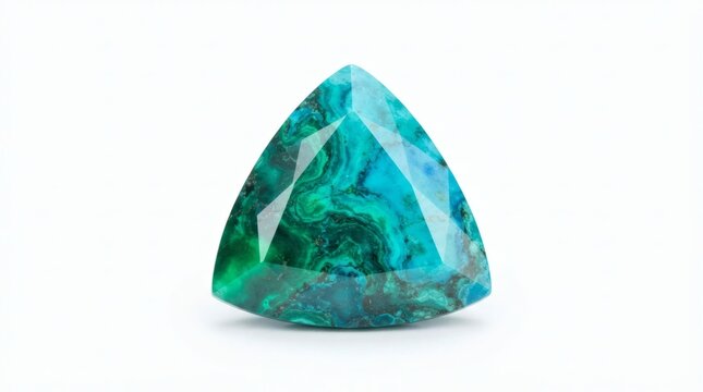 Faceted triangular trillion cut chrysocolla green gemstone on isolated white background for luxury jewelry design