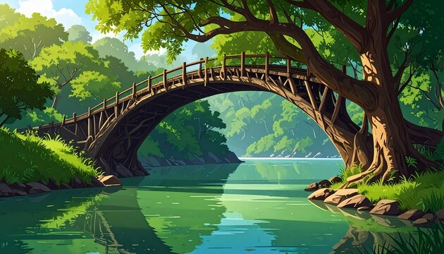 Serene Wooden Bridge Over Calm River in Lush Forest.