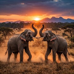 Fototapeta premium Two Asian Elephants Preparing for a Powerful Clash During Sunset in the Wild