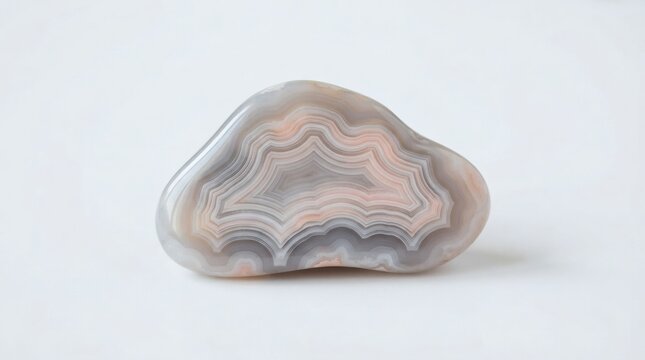 Polished agate gemstone with intricate concentric banded patterns, showcasing natural beauty and unique geological formation, isolated on a bright white background