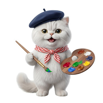 Cute 3D Persian cat character dressed as an artist holding paint palette and brush isolated on transparent background