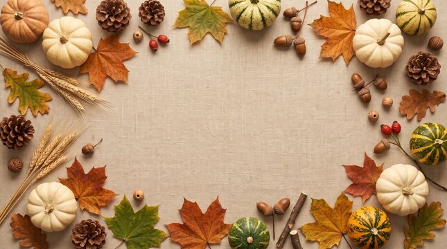 Thanksgiving harvest flat lay with pumpkins. Autumn leaves frame on rustic linen background.