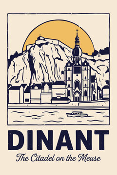 Scenic Dinant Belgium travel poster with citadel and river meuse vector illustration