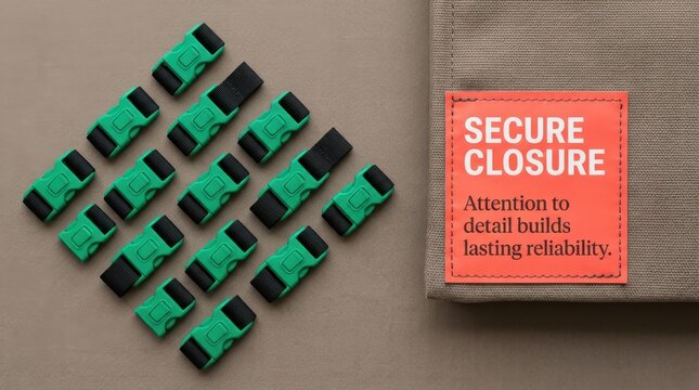 Many green plastic side release buckles with black nylon webbing straps are organized in a neat grid pattern next to a durable brown canvas material featuring a vibrant orange rectangular label items.