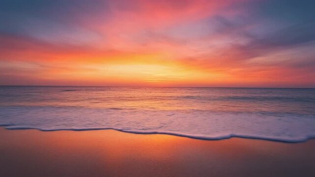 Ocean waves gently rolling onto a sandy beach during a vibrant sunset with dramatic clouds