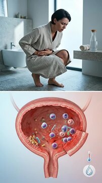 Urinary tract irritation: cystitis concept, bladder inflammation, painful urination, female health, infection process, medical condition, microbe invasion, suffer discomfort.