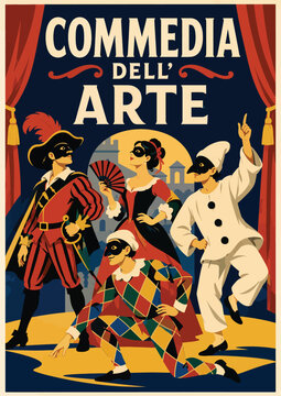 095-44-Traditional italian commedia dell'arte characters performing on a stage with curtain