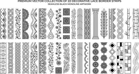 Fototapeta premium Elegant decorative lace border collection with ornamental seamless trim vector set