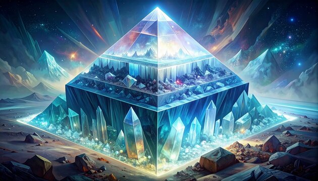 Mystical Crystal Pyramid in Cosmic Fantasy Landscape.