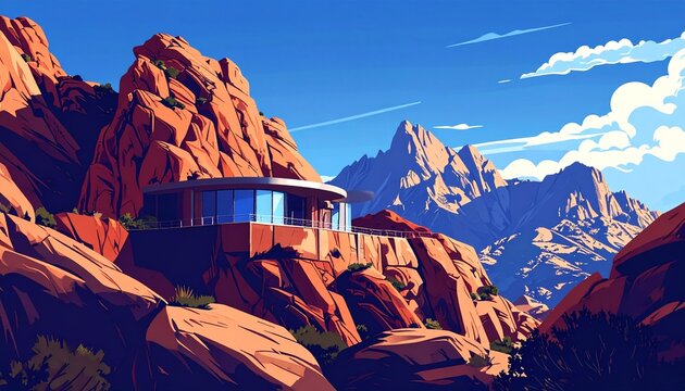 Modern Glass House Perched on Red Rock Mountain.