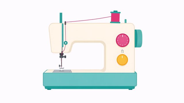 Colorful sewing machine working with pink thread spool loop animation, Tailoring and fashion design concept with modern cyan and pink automatic sewing machine video.