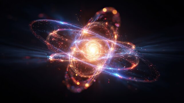 A glowing atomic nucleus with orbiting electrons, depicted with bright colorful energy trails against a dark background.