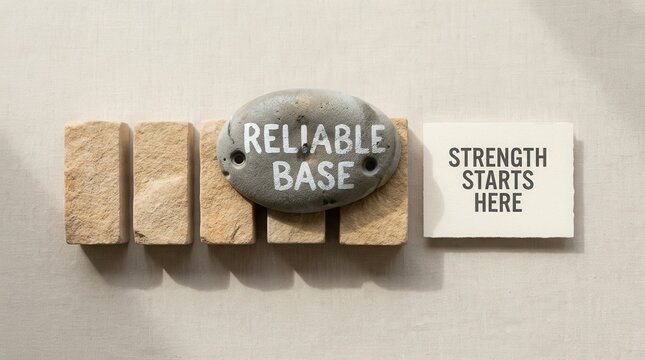 Steady stones labeled reliable base with motivational quote strength starts here on textured surface representing business foundation, solid support and professional stability for corporate growth
