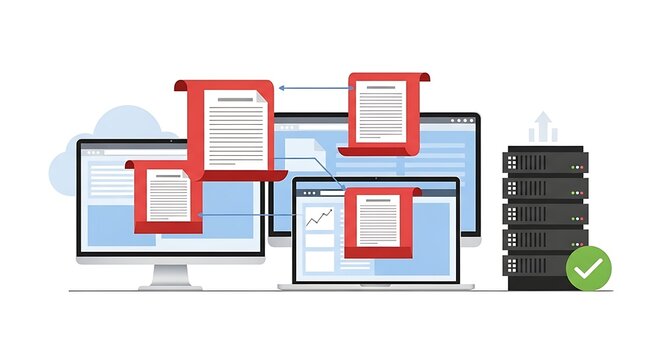 Vector illustration of cloud computing and data backup process showing documents transferring from computers to a secure server stack with a checkmark.