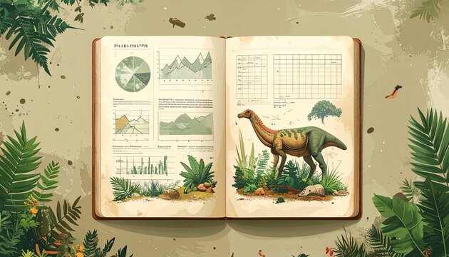 Open Book with Dinosaur Illustration and Educational Charts.