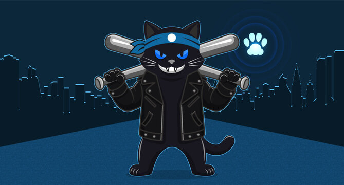Vector brutal smiling cartoon black cat, leather jacket, holding two baseball bats. Toon puss, street. Bright glowing feline paw. Dark nighttime city. Wild impudent animal. Headband, bandana
