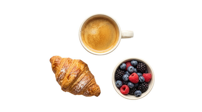 French breakfast flat lay with golden croissant, cup of espresso coffee and bowl of fresh berries, healthy morning meal concept isolated PNG with Transparent Background