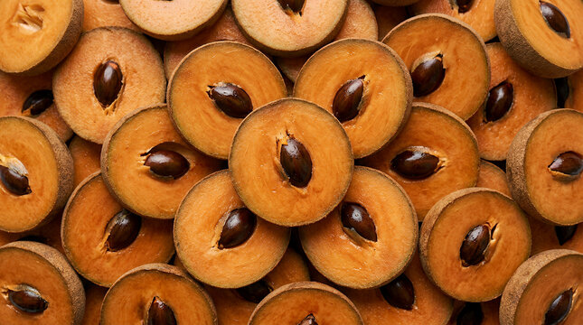 Sliced sapote fruits arranged beautifully with a vibrant hue and natural textures