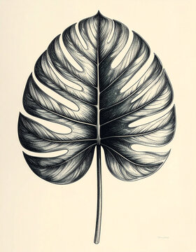 Minimal monstera leaf illustration with botanical engraving style