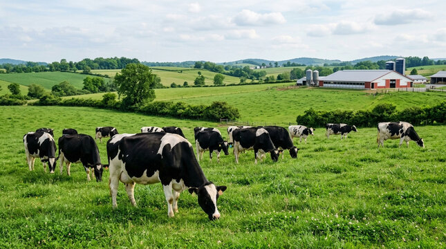 Dairy cows grazing on lush green pasture in a sunny rural farm landscape