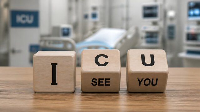 Three wooden blocks spelling ICU on a wooden table with an intensive care unit hospital room background