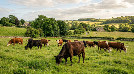 Fototapeta premium Herd of cows grazing on a sunny green pasture with countryside village in background