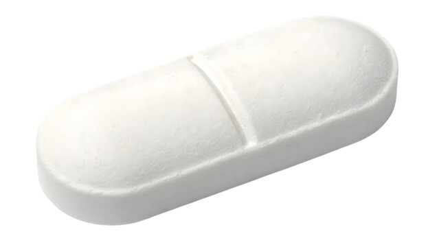 White oblong pharmaceutical pill with score line in the middle isolated on transparent background