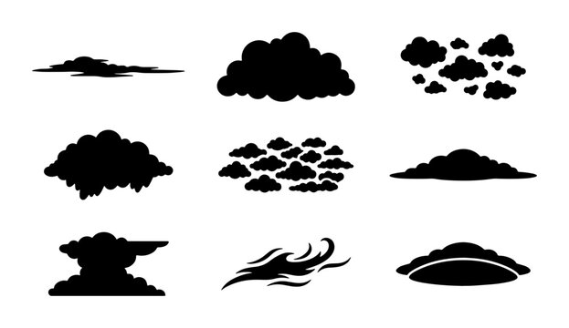 Black cloud silhouettes set, minimalist weather icons and storm cloud vector shapes, 9 flat nature elements for sky landscape design